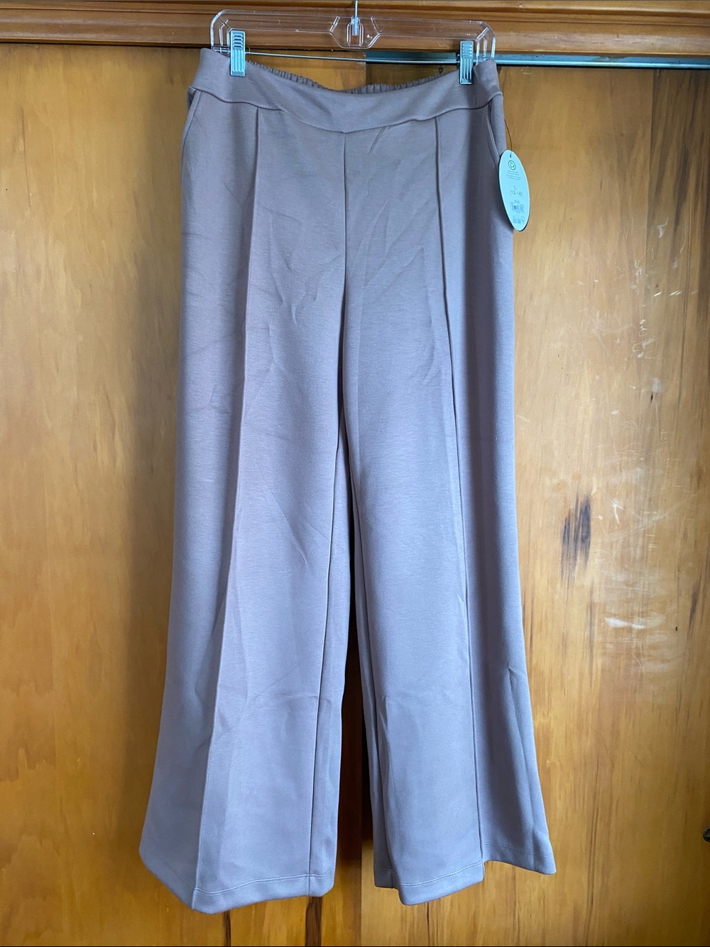 Women's Wide-Leg Knit Pants Taupe Pockets Pull-On Casual Soft Lounge Inseam 30”